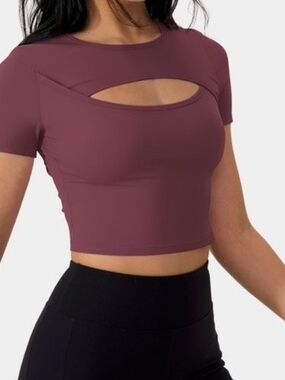 HALARA Cutout Short Sleeve Crop Top - Wine